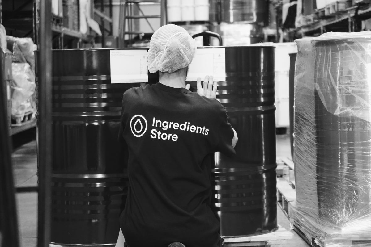 Drums of natural ingredients in our UK warehouse